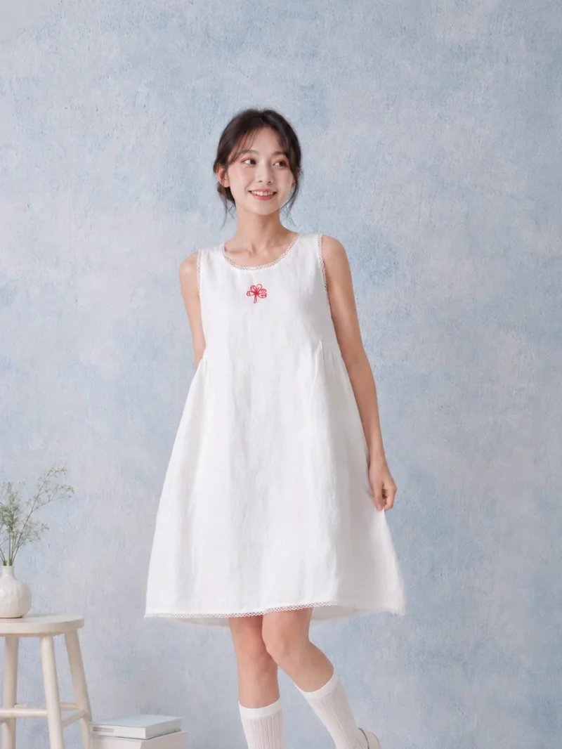 Prada Linen Sleeveless Dress with Red Floral Embroidery