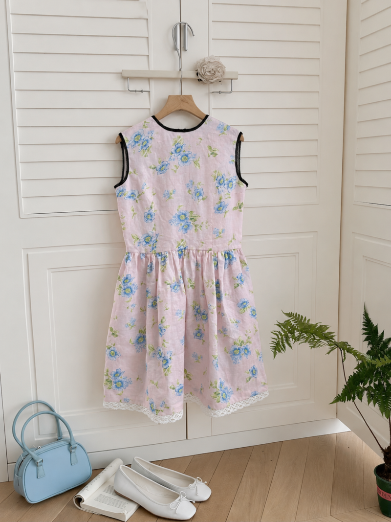 Prada Style Pink Floral Linen Sleeveless Dress